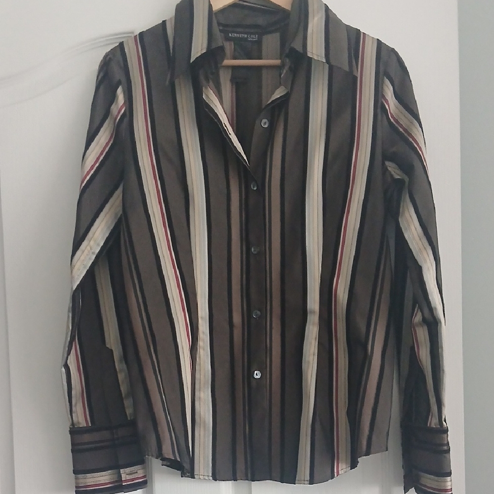 Kenneth Cole Womens Multicolor Striped Button-Down Shirt
